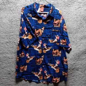 Men’s Hawaiian Pin-Up Print Button Up Shirt Blue Short Sleeve – Size XL
